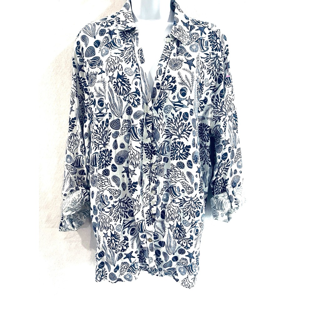 Sigrid Olsen 100% Linen Coastal Grandmother Chic Seashell Top XL Beach Vacation